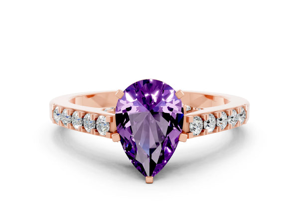 Rose gold Pear Cut Amethyst Solitaire Ring with Crossover Gallery and Round  Pavé Band