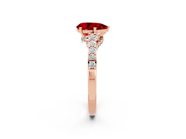Rose gold Pear Cut Ruby Solitaire Ring with Crossover Gallery and Round  Pavé Band