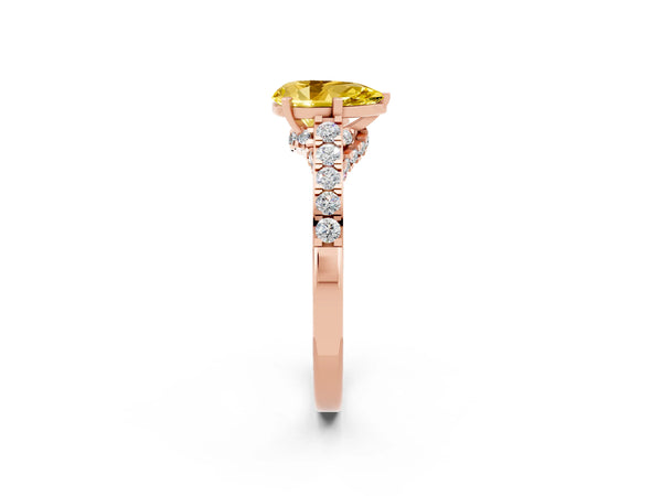 Rose gold Pear Cut Yellow Sapphire Solitaire Ring with Crossover Gallery and Round  Pavé Band