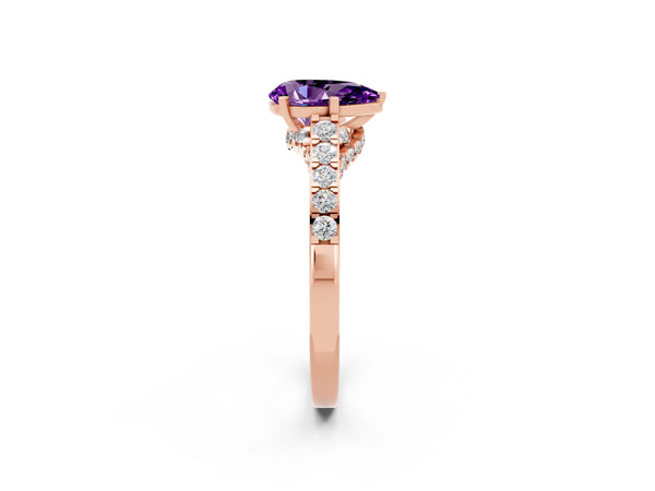 Rose gold Pear Cut Amethyst Solitaire Ring with Crossover Gallery and Round  Pavé Band