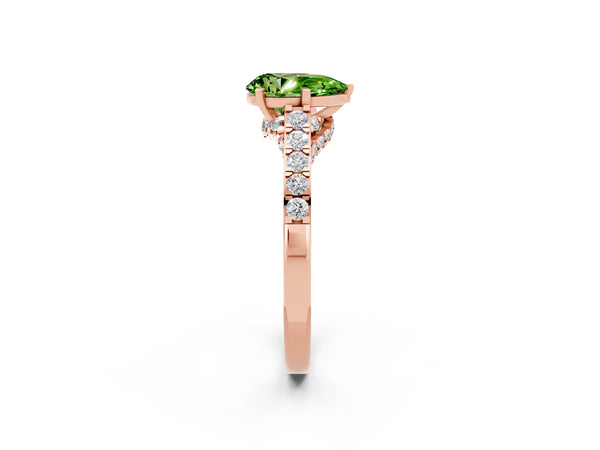 Rose gold Pear Cut Peridot Solitaire Ring with Crossover Gallery and Round  Pavé Band