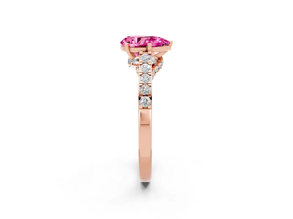 Rose gold Pear Cut Pink Sapphire Solitaire Ring with Crossover Gallery and Round  Pavé Band