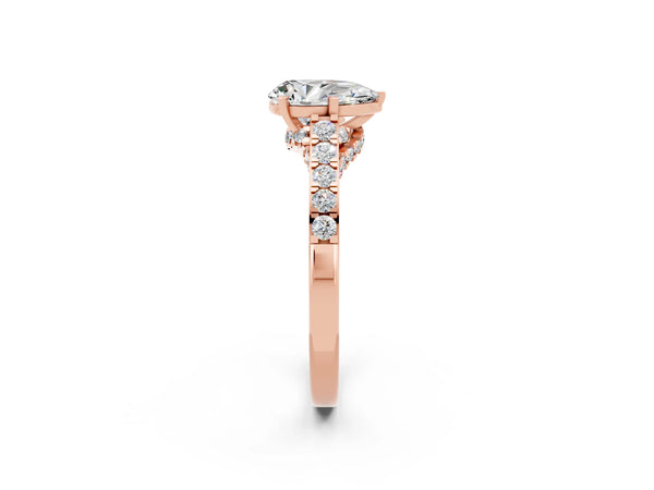 Rose gold Pear Cut Moissanite Solitaire Ring with Crossover Gallery and Round  Pavé Band