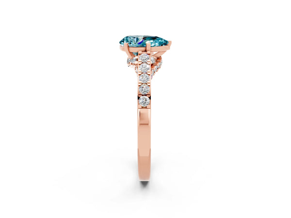 Rose gold Pear Cut Blue Topaz Solitaire Ring with Crossover Gallery and Round  Pavé Band