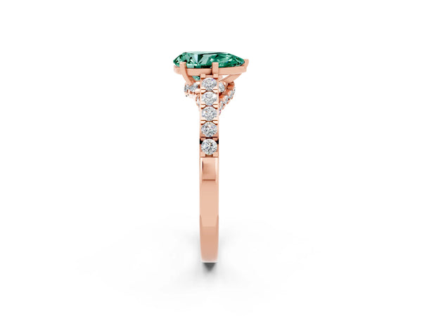 Rose gold Pear Cut Green Sapphire Solitaire Ring with Crossover Gallery and Round  Pavé Band