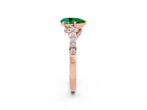 Rose gold Pear Cut Emerald Solitaire Ring with Crossover Gallery and Round  Pavé Band