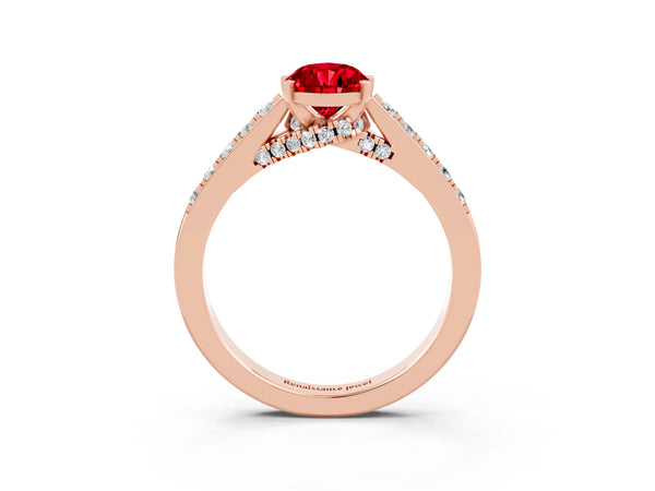Rose gold Pear Cut Ruby Solitaire Ring with Crossover Gallery and Round  Pavé Band