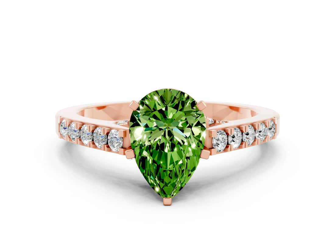 Rose gold Pear Cut Diamond Solitaire Ring with Pavé Band and Prong Setting