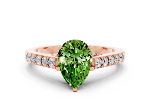 Rose gold Pear Cut Peridot Solitaire Ring with Crossover Gallery and Round  Pavé Band