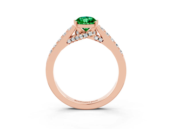 Rose gold Pear Cut Emerald Solitaire Ring with Crossover Gallery and Round  Pavé Band