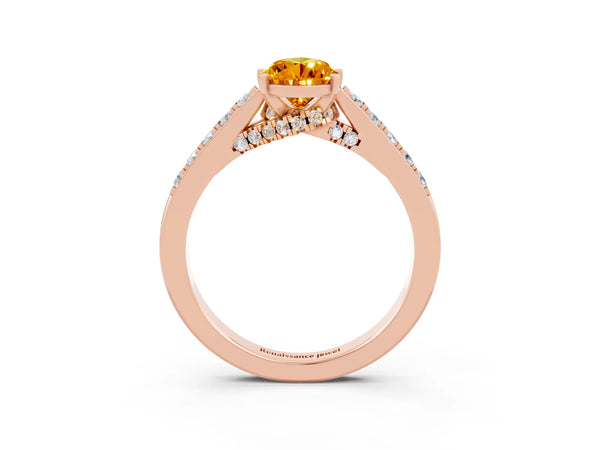Rose gold Pear Cut Citrine Solitaire Ring with Crossover Gallery and Round  Pavé Band