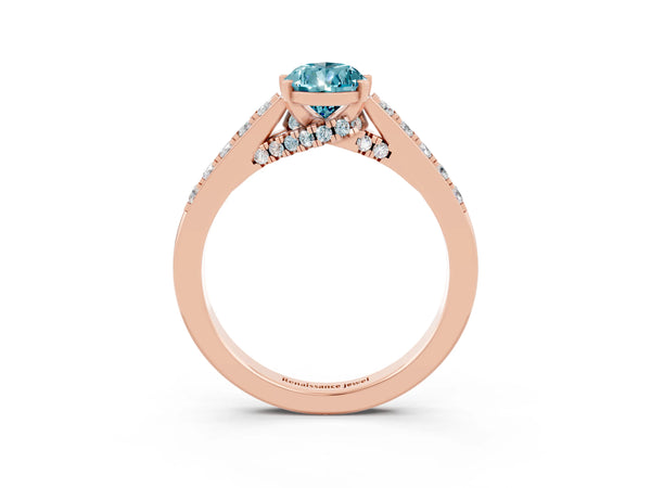Rose gold Pear Cut Blue Topaz Solitaire Ring with Crossover Gallery and Round  Pavé Band