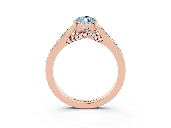 Rose gold Pear Cut Aquamarine Solitaire Ring with Crossover Gallery and Round  Pavé Band
