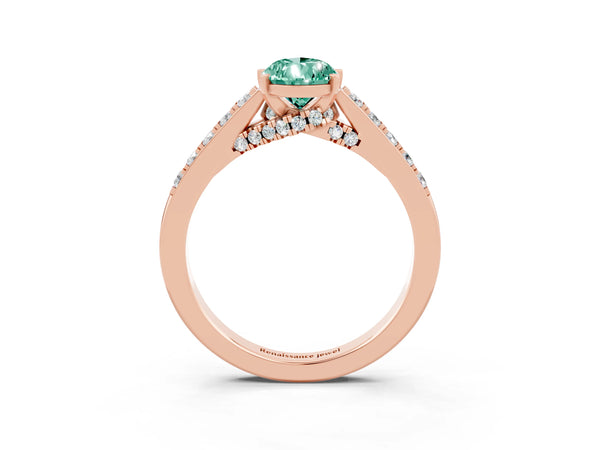 Rose gold Pear Cut Green Sapphire Solitaire Ring with Crossover Gallery and Round  Pavé Band