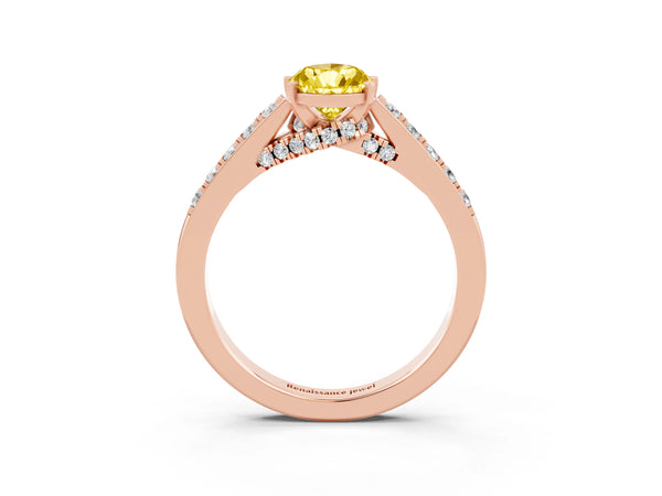 Rose gold Pear Cut Yellow Sapphire Solitaire Ring with Crossover Gallery and Round  Pavé Band