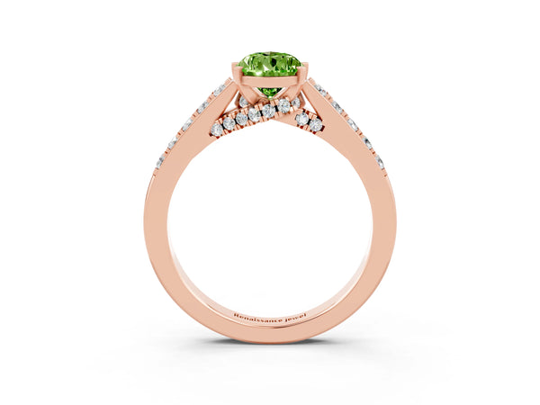 Rose gold Pear Cut Peridot Solitaire Ring with Crossover Gallery and Round  Pavé Band