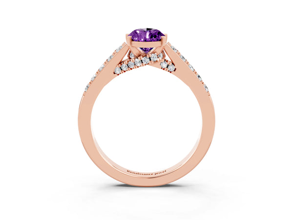 Rose gold Pear Cut Amethyst Solitaire Ring with Crossover Gallery and Round  Pavé Band