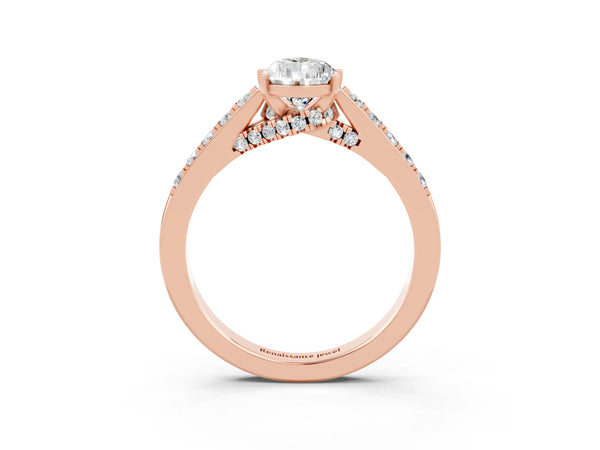 Rose gold Pear Cut Moissanite Solitaire Ring with Crossover Gallery and Round  Pavé Band