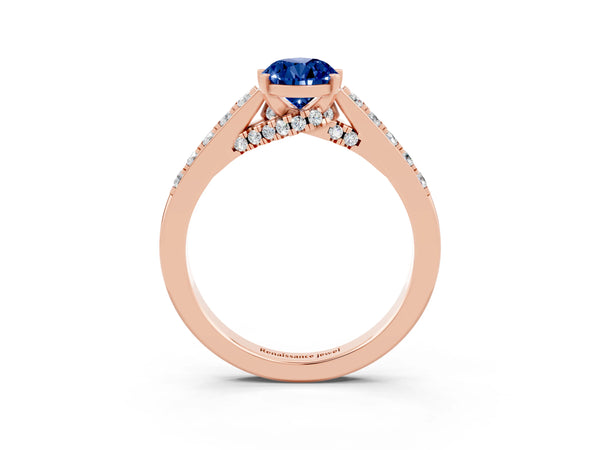 Rose gold Pear Cut Blue Sapphire Solitaire Ring with Crossover Gallery and Round  Pavé Band