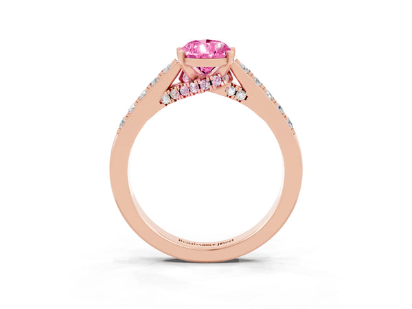 Rose gold Pear Cut Pink Sapphire Solitaire Ring with Crossover Gallery and Round  Pavé Band