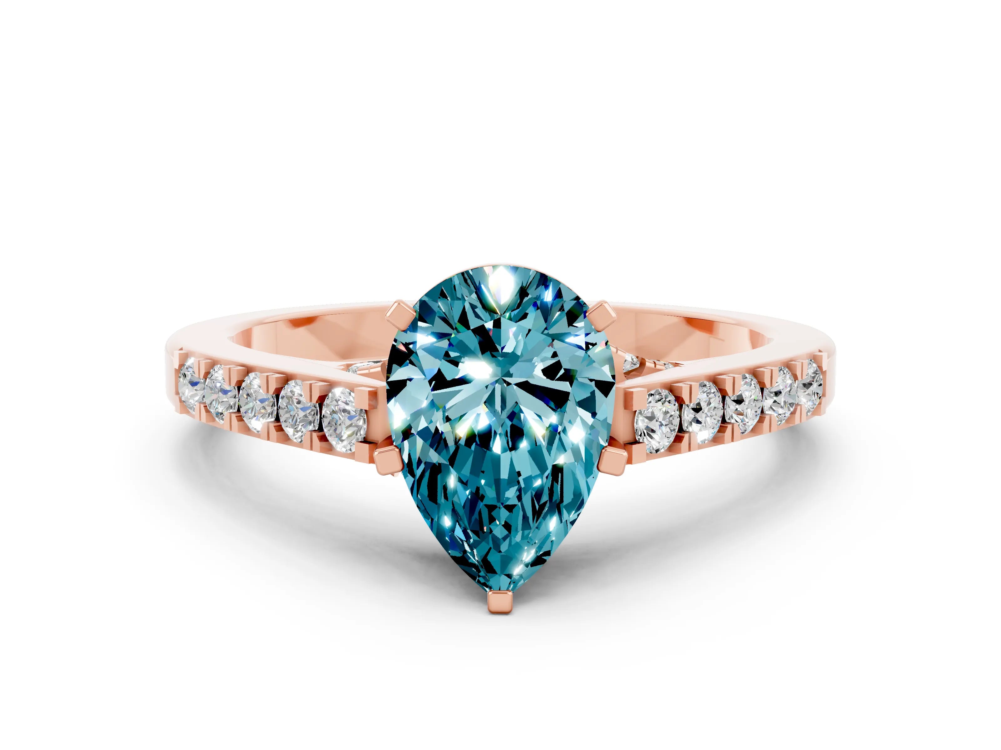 Rose gold Pear Cut Diamond Solitaire Ring with Pavé Band and Prong Setting