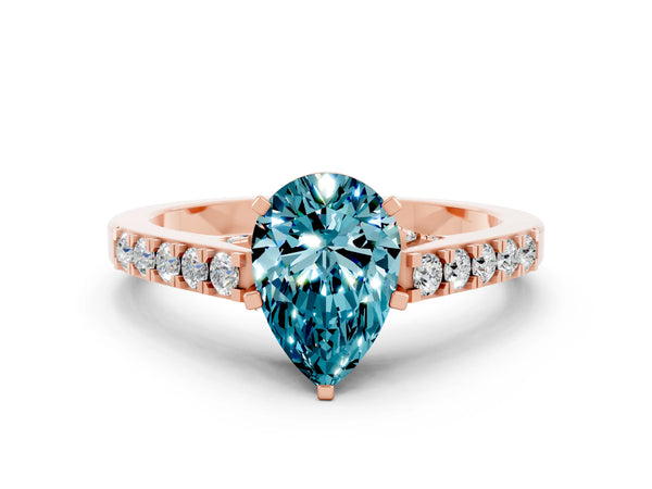 Rose gold Pear Cut Blue Topaz Solitaire Ring with Crossover Gallery and Round  Pavé Band