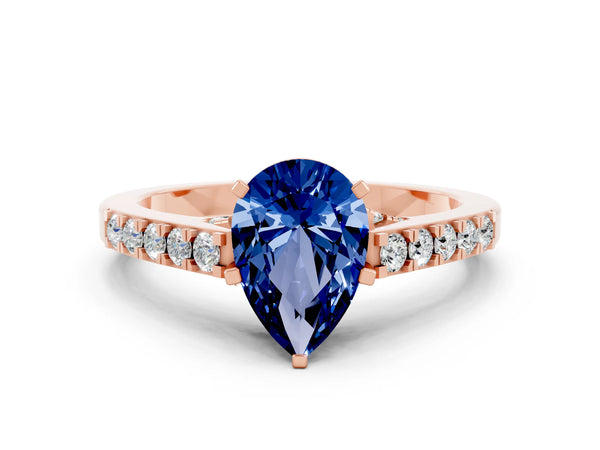 Rose gold Pear Cut Blue Sapphire Solitaire Ring with Crossover Gallery and Round  Pavé Band