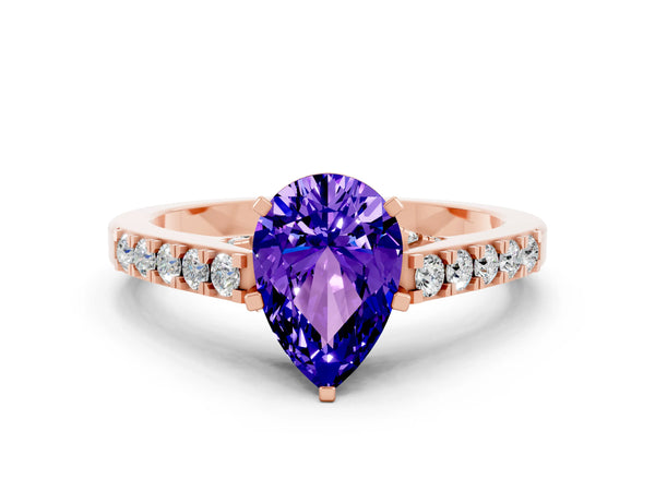 Rose gold Pear Cut Tanzanite Solitaire Ring with Crossover Gallery and Round  Pavé Band