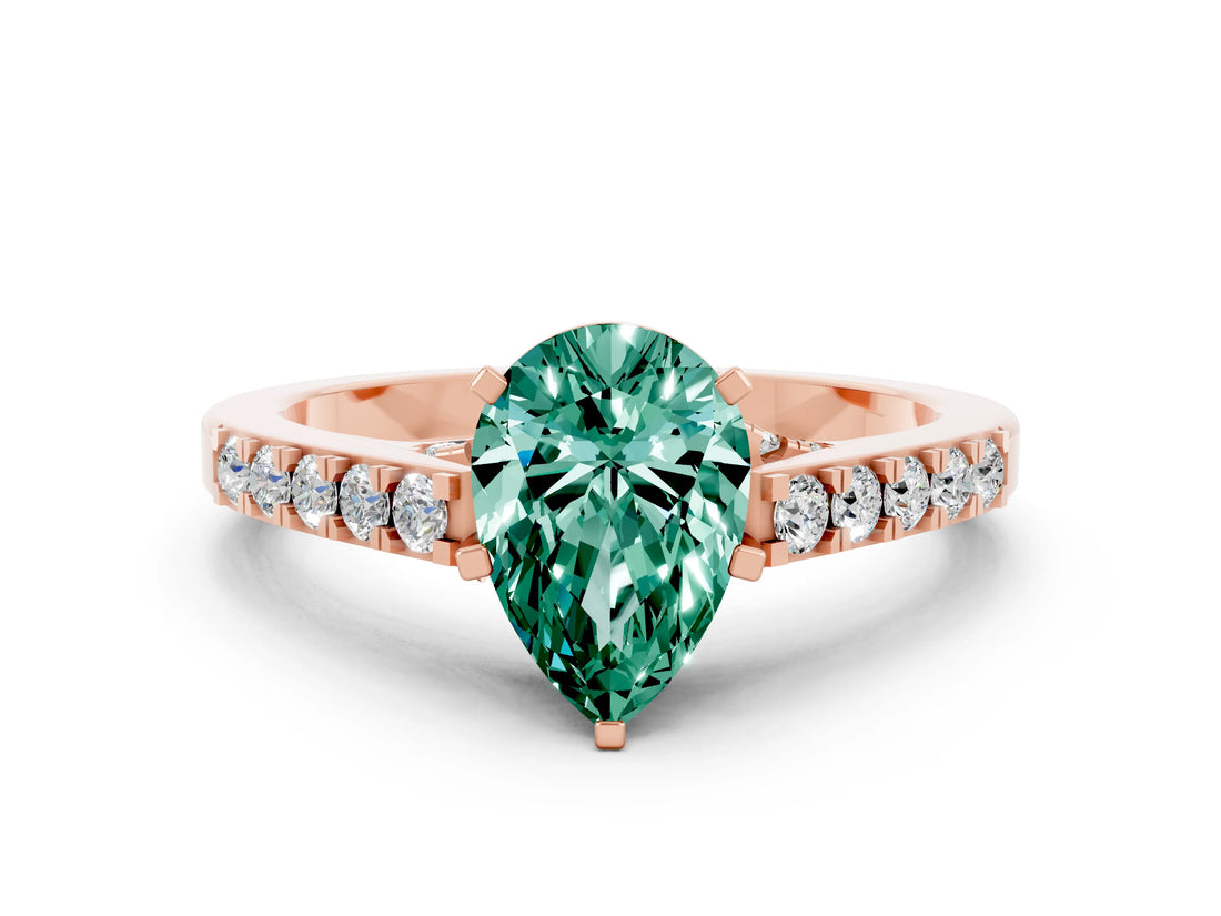 Rose gold Pear Cut Diamond Solitaire Ring with Pavé Band and Prong Setting