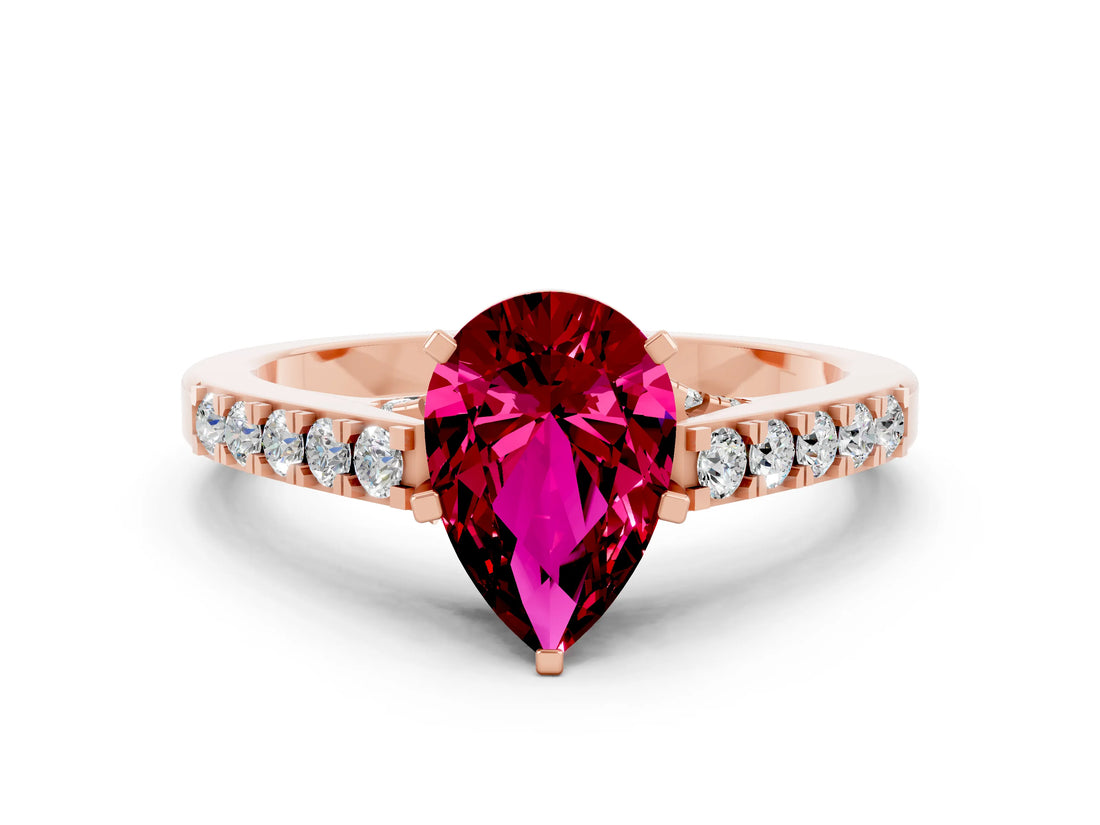 Rose gold Pear Cut Diamond Solitaire Ring with Pavé Band and Prong Setting
