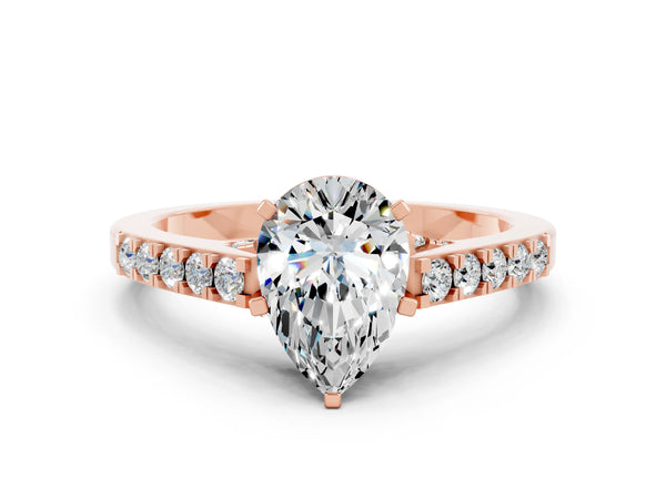 Rose gold Pear Cut Moissanite Solitaire Ring with Crossover Gallery and Round  Pavé Band
