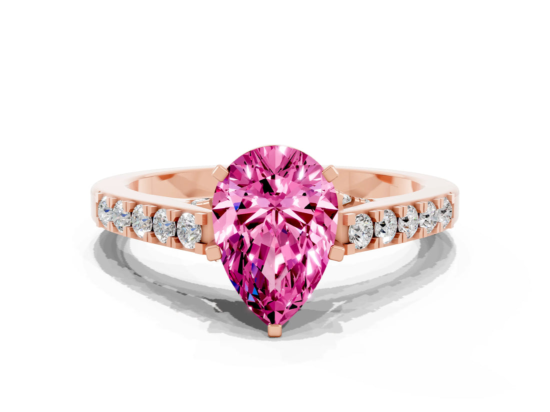 Rose gold Pear Cut Diamond Solitaire Ring with Pavé Band and Prong Setting