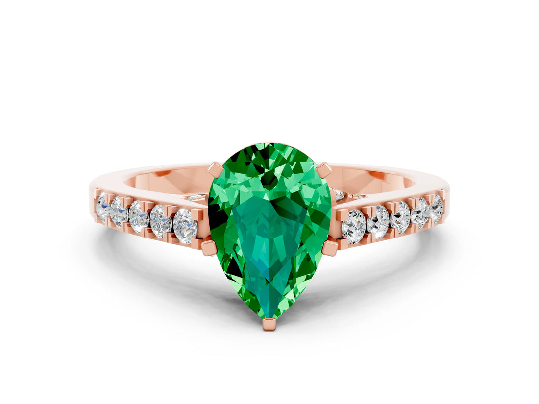 Rose gold Pear Cut Diamond Solitaire Ring with Pavé Band and Prong Setting
