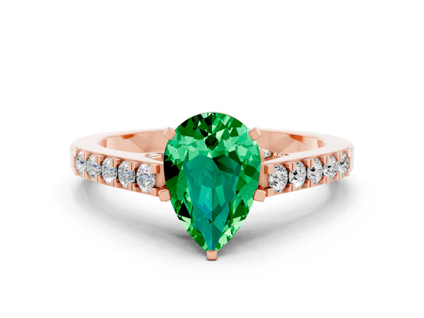 Rose gold Pear Cut Emerald Solitaire Ring with Crossover Gallery and Round  Pavé Band