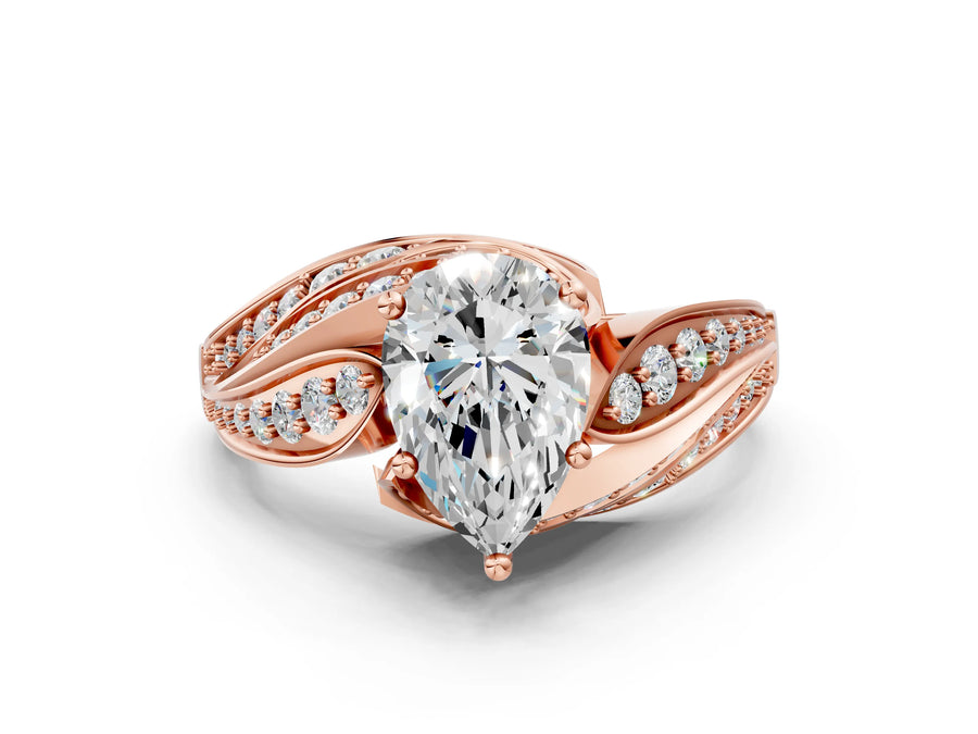 Rose gold Pear Cut Diamond Solitaire Ring with Prong Setting and Twisted Pavé Band