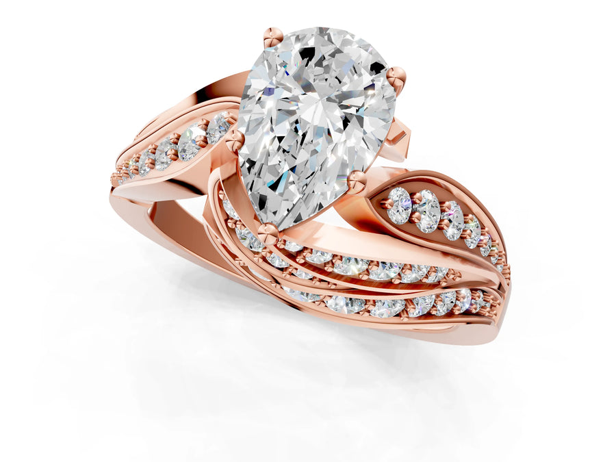 Rose gold Pear Cut Diamond Solitaire Ring with Prong Setting and Twisted Pavé Band