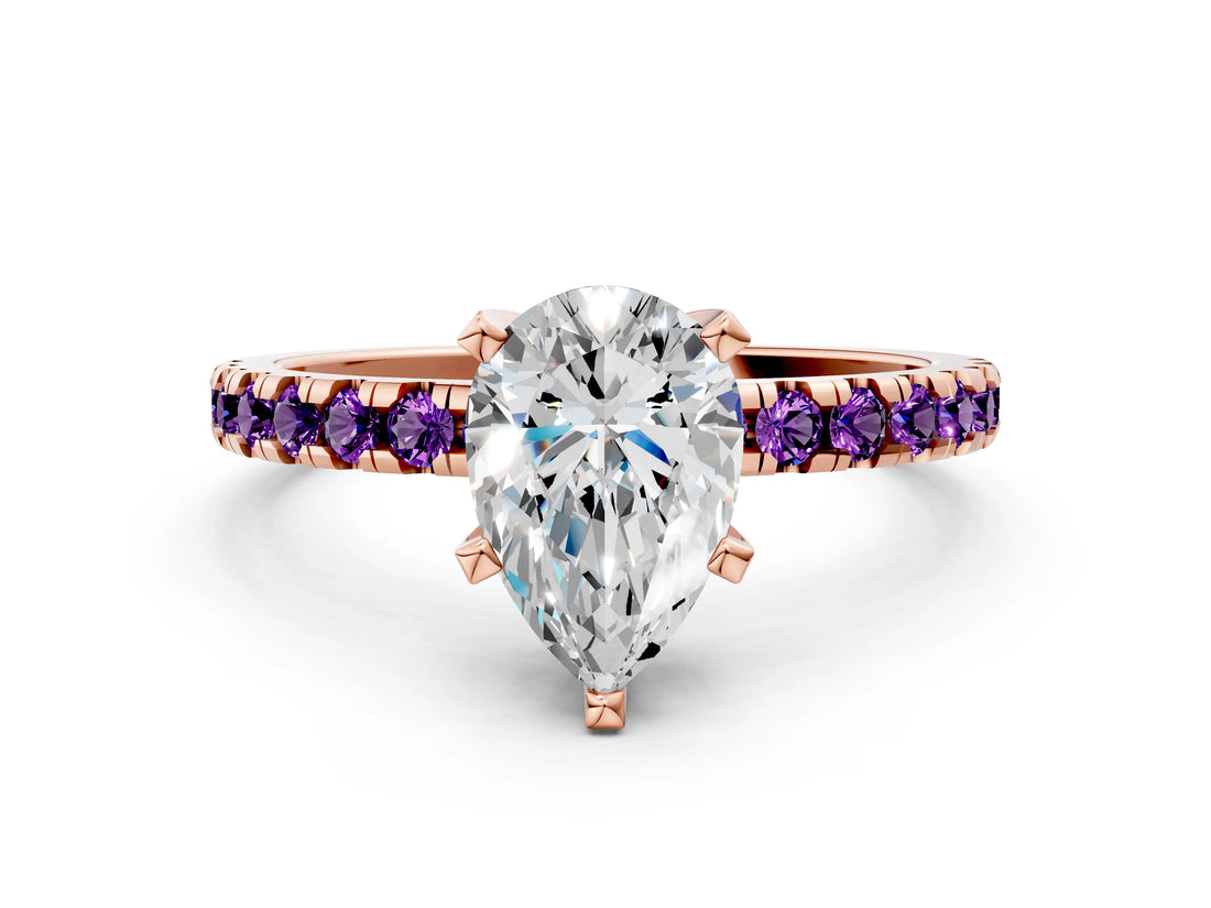 Rose gold Pear Cut Diamond Solitaire Ring with Round with Amethyst side stone Pavé Band and Four-Prong Setting_36