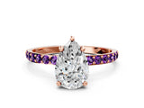 Rose gold Pear Cut Diamond Solitaire Ring with Round with Amethyst side stone Pavé Band and Prong Setting_12
