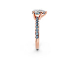 Rose gold Pear Cut Diamond Solitaire Ring with Round with Aquamarine side stone Pavé Band and Four-Prong Setting_38