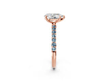 Rose gold Pear Cut Diamond Solitaire Ring with Round with Aquamarine side stone Pavé Band and Prong Setting_26
