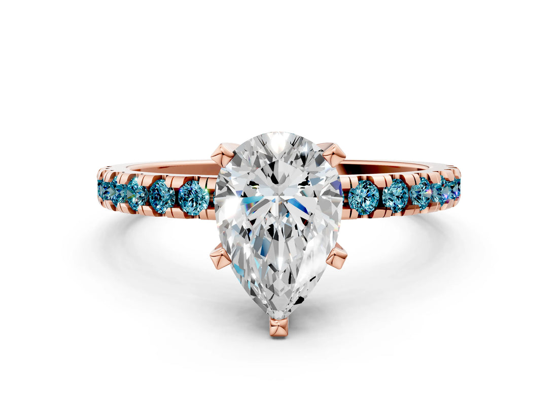 Rose gold Pear Cut Diamond Solitaire Ring with Round with Blue Topaz side stone Pavé Band and Four-Prong Setting_36