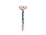 Rose gold Pear Cut Diamond Solitaire Ring with Round with Blue Topaz side stone Pavé Band and Prong Setting_14