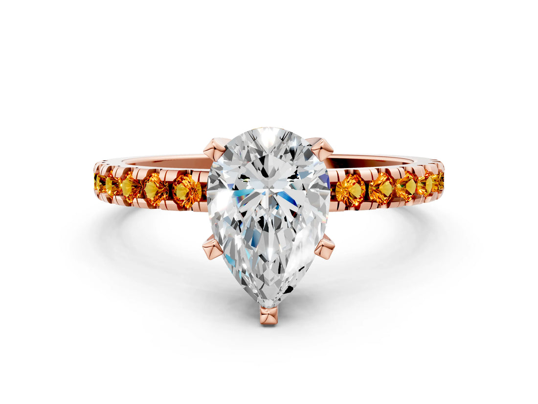 Rose gold Pear Cut Diamond Solitaire Ring with Round with Citrine side stone Pavé Band and Four-Prong Setting_36