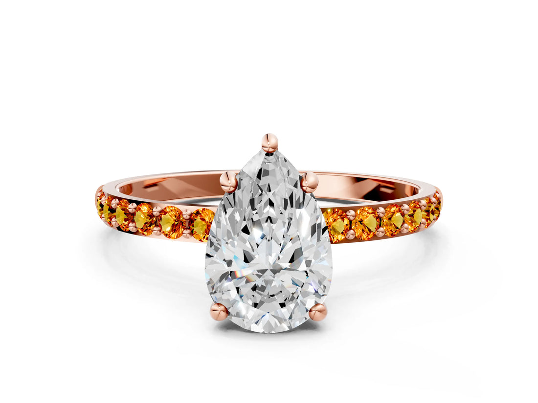 Rose gold Pear Cut Diamond Solitaire Ring with Round with Citrine side stone Pavé Band and Prong Setting_12