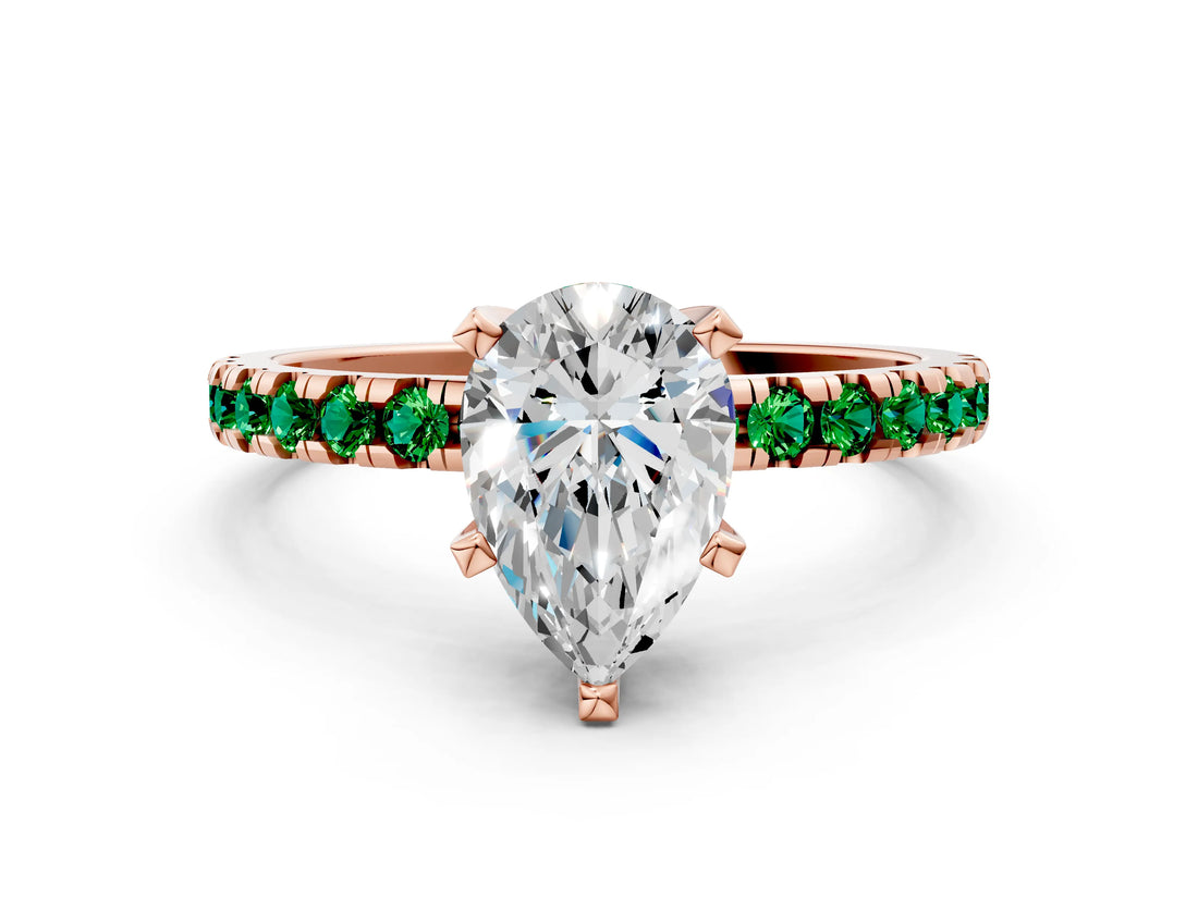Rose gold Pear Cut Diamond Solitaire Ring with Round with Emerald side stone Pavé Band and Four-Prong Setting_36