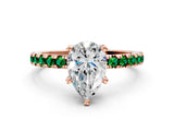 Rose gold Pear Cut Diamond Solitaire Ring with Round with Emerald side stone Pavé Band and Four-Prong Setting_36