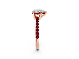 Rose gold Pear Cut Diamond Solitaire Ring with Round with Garnet side stone Pavé Band and Four-Prong Setting_38