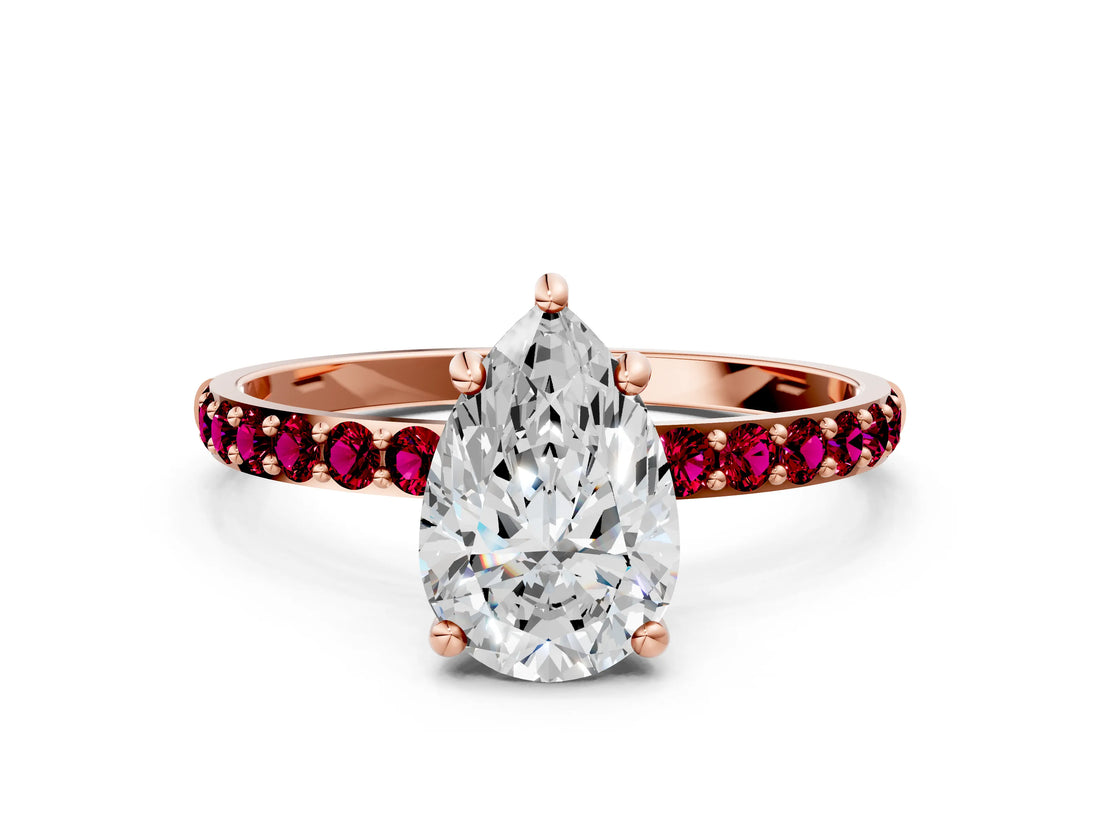 Rose gold Pear Cut Diamond Solitaire Ring with Round with Garnet side stone Pavé Band and Prong Setting_24