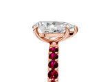 Rose gold Pear Cut Diamond Solitaire Ring with Round with Garnet side stone Pavé Band and Prong Setting_29
