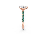 Rose gold Pear Cut Diamond Solitaire Ring with Round with Green Sapphire side stone Pavé Band and Prong Setting_2